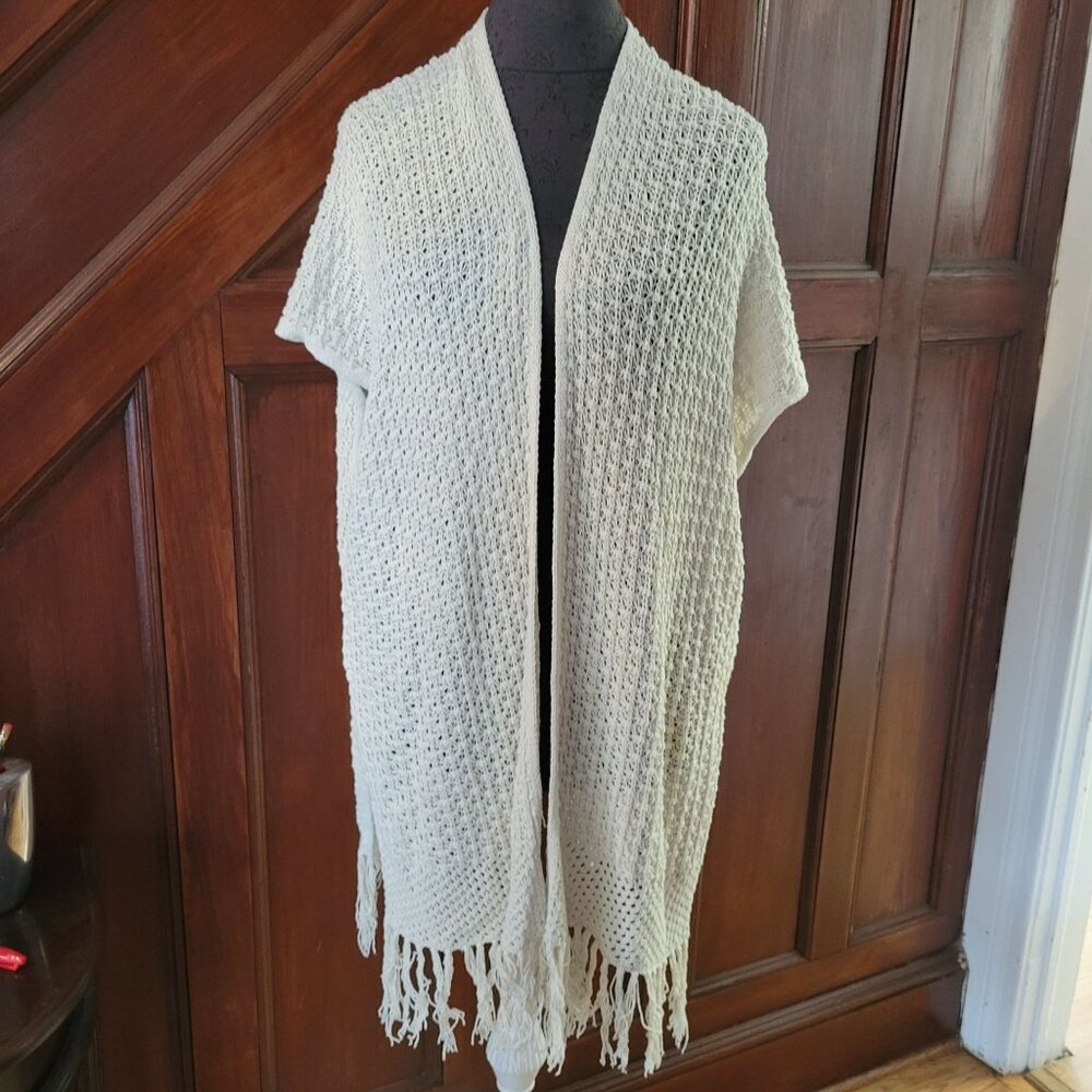 Torrid Open Front Crochet Fringe Cardigan Kimono Ivory Size 00 L